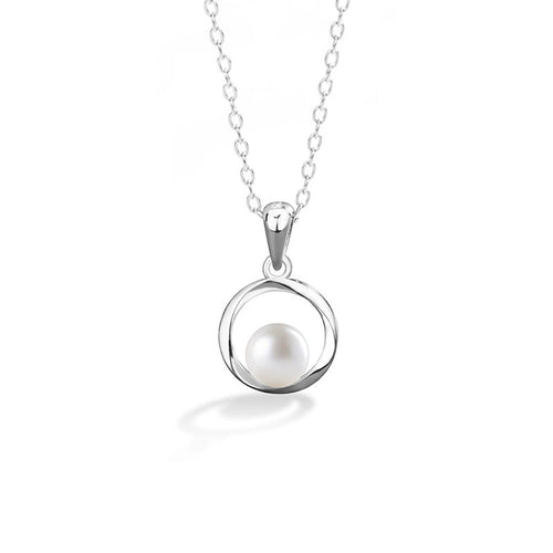 Circle Freshwater Pearl Necklace in White Gold-Plated S925 sterling silver white background front product view showing minimal open circle pendant cradling a freshwater button pearl