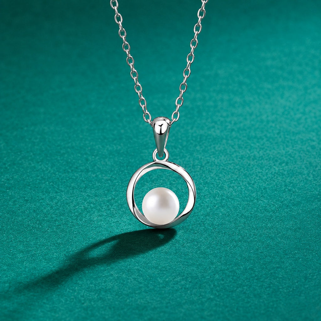 Circle Freshwater Pearl Necklace in White Gold-Plated S925 sterling silver close-up styled product scene showing pendant setting