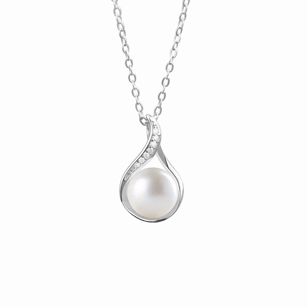 Teardrop Pearl Round Moissanite Necklace in White Gold-Plated S925 sterling silver white background front product view showing open teardrop pendant tracing a button pearl with round moissanite accents