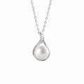 Teardrop Pearl Round Moissanite Necklace in White Gold-Plated S925 sterling silver white background front product view showing open teardrop pendant tracing a button pearl with round moissanite accents