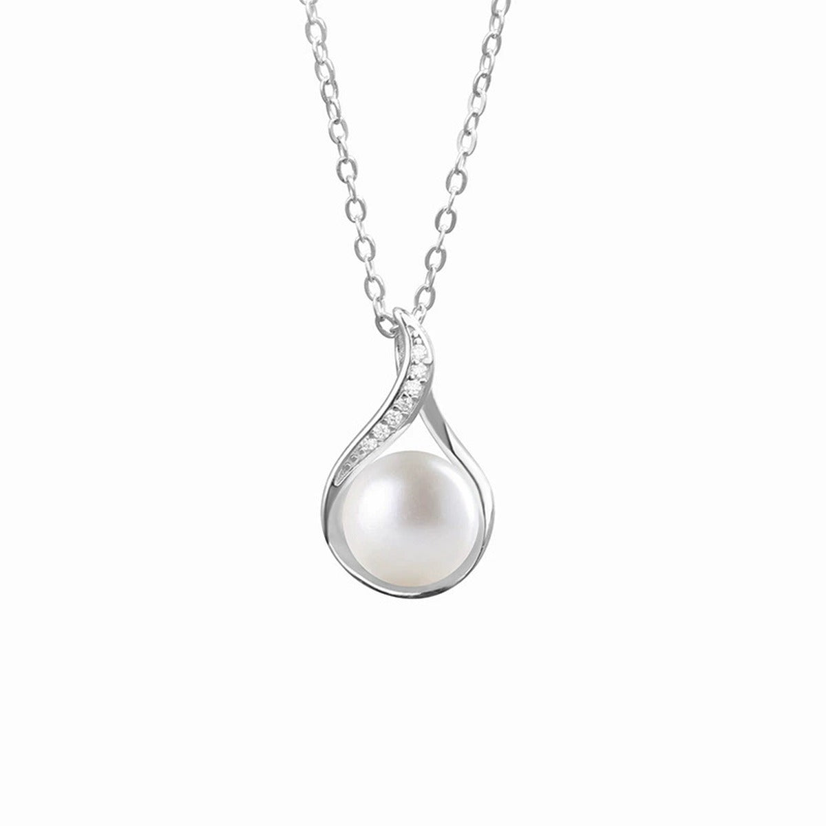 Teardrop Pearl Round Moissanite Necklace in White Gold-Plated S925 sterling silver white background front product view showing open teardrop pendant tracing a button pearl with round moissanite accents