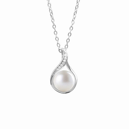 Teardrop Pearl Round Moissanite Necklace in White Gold-Plated S925 sterling silver white background front product view showing open teardrop pendant tracing a button pearl with round moissanite accents
