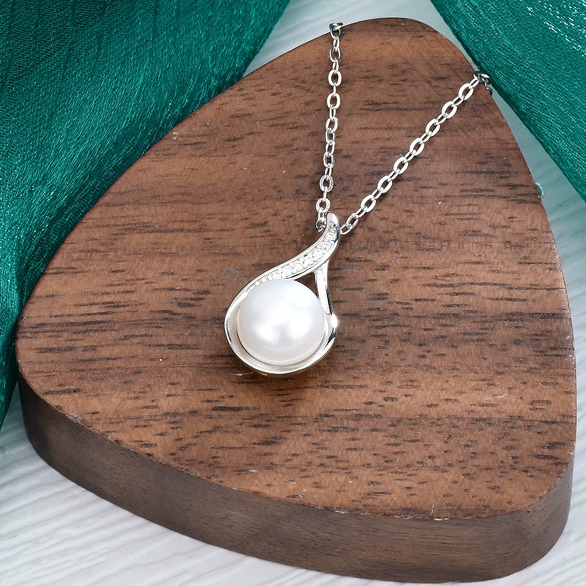 Teardrop Pearl Round Moissanite Necklace in White Gold-Plated S925 sterling silver angled product detail view