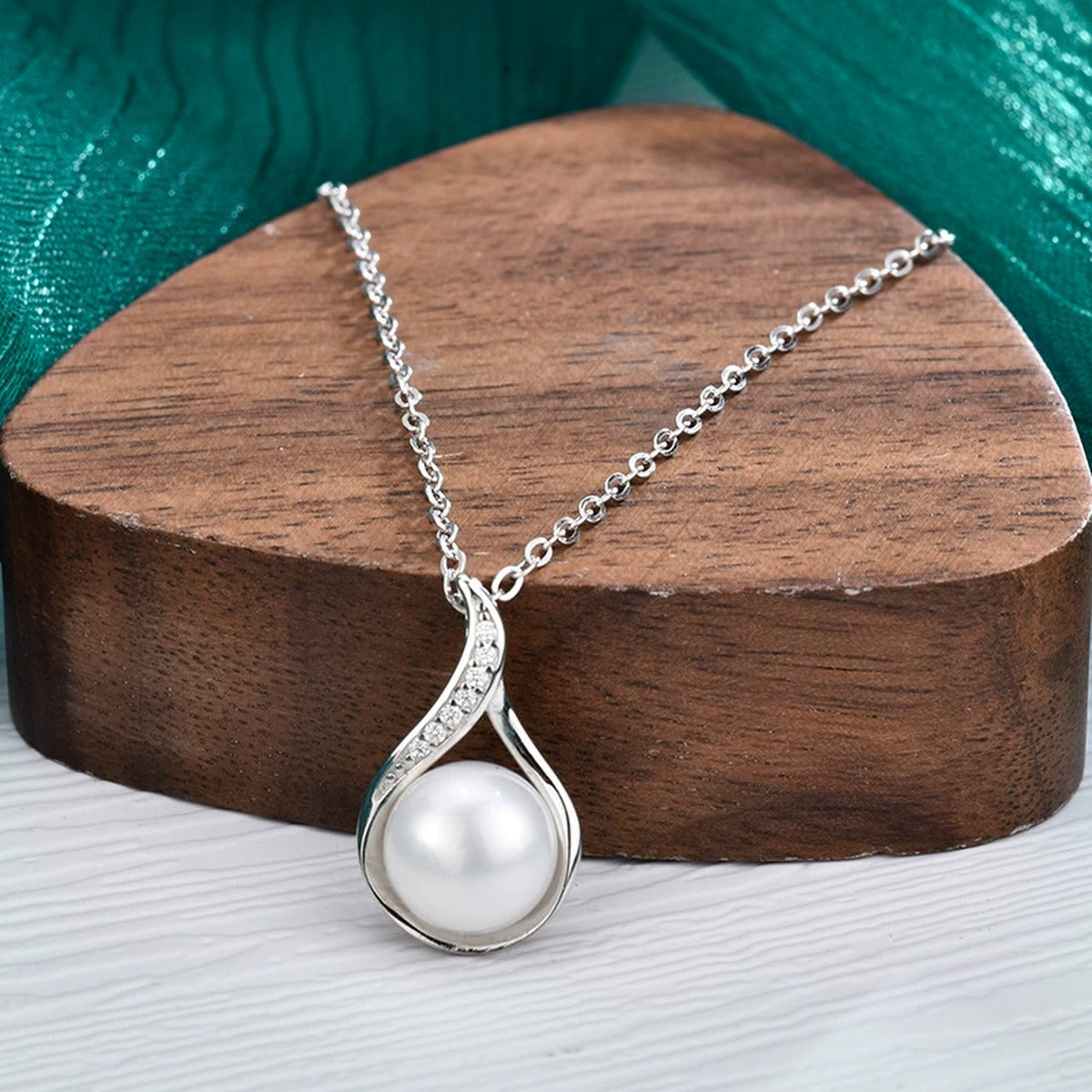 Teardrop Pearl Round Moissanite Necklace in White Gold-Plated S925 sterling silver additional product styling view