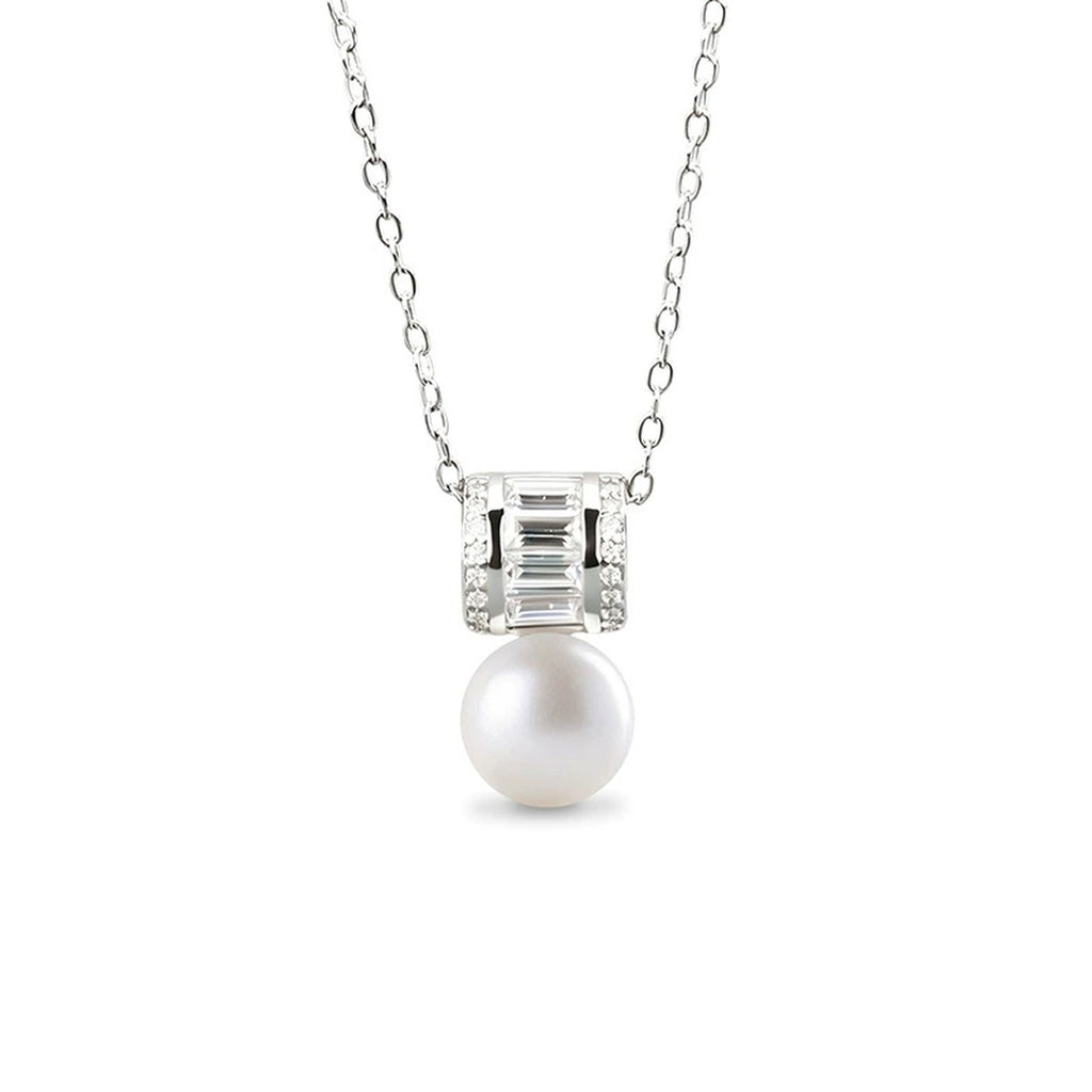 Pearl Emerald and Round Moissanite Necklace in White Gold-Plated S925 sterling silver white background front product view showing architectural pendant combining emerald and round moissanite above a button pearl