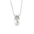 Pearl Emerald and Round Moissanite Necklace in White Gold-Plated S925 sterling silver white background front product view showing architectural pendant combining emerald and round moissanite above a button pearl