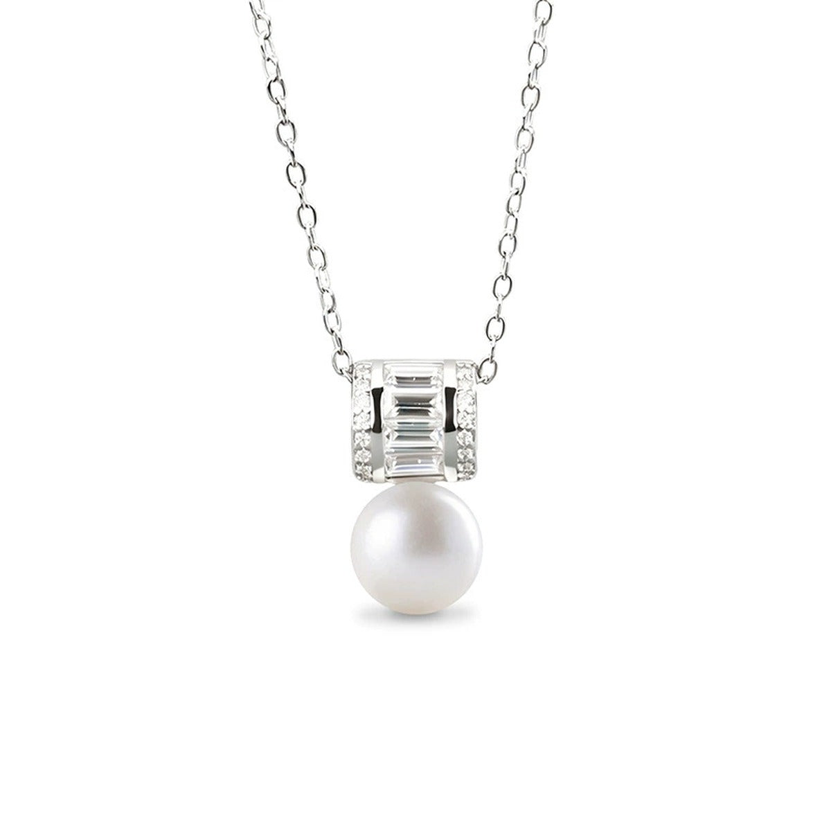 Pearl Emerald and Round Moissanite Necklace in White Gold-Plated S925 sterling silver white background front product view showing architectural pendant combining emerald and round moissanite above a button pearl