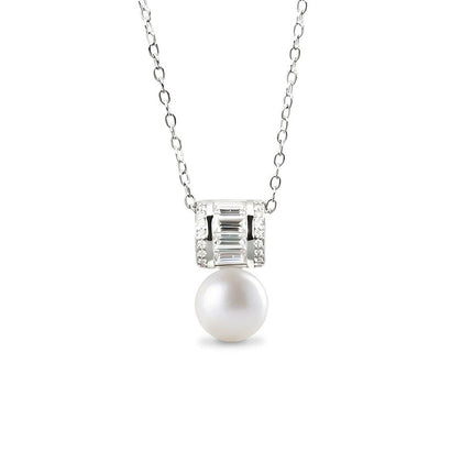 Pearl Emerald and Round Moissanite Necklace in White Gold-Plated S925 sterling silver white background front product view showing architectural pendant combining emerald and round moissanite above a button pearl