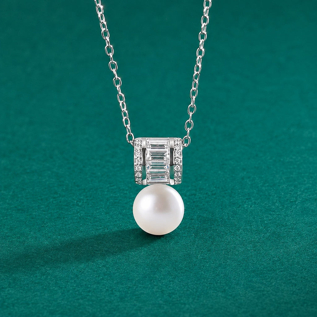 Pearl Emerald and Round Moissanite Necklace in White Gold-Plated S925 sterling silver close-up styled product scene showing pendant setting