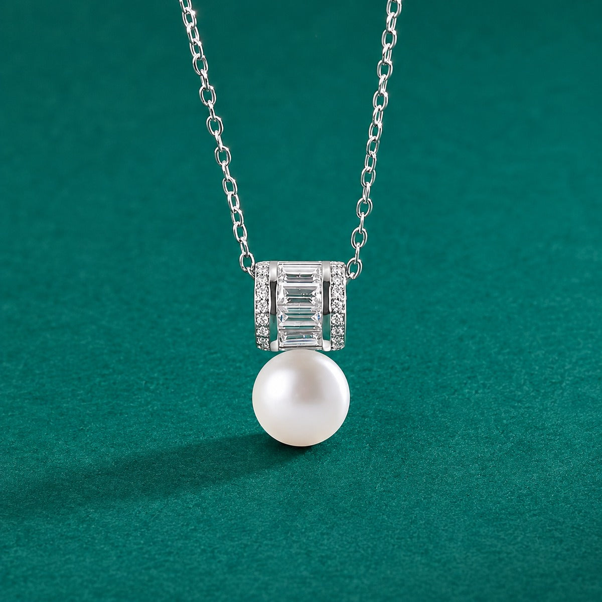 Pearl Emerald and Round Moissanite Necklace in White Gold-Plated S925 sterling silver close-up styled product scene showing pendant setting