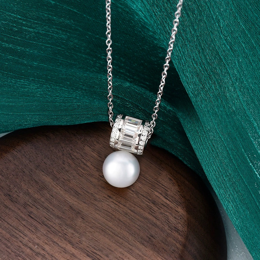 Pearl Emerald and Round Moissanite Necklace in White Gold-Plated S925 sterling silver angled product detail view