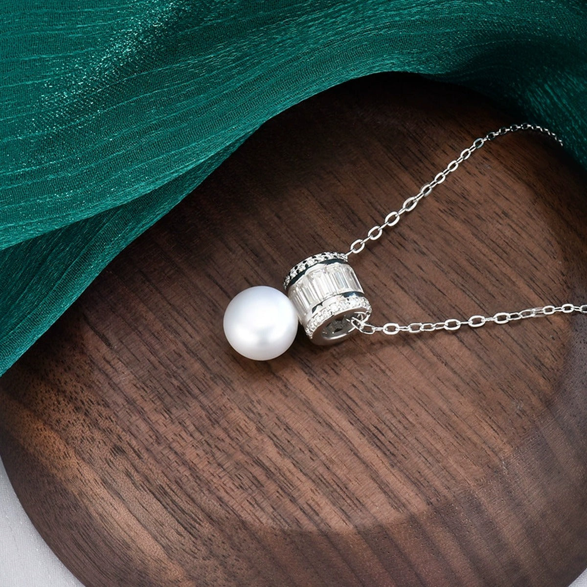 Pearl Emerald and Round Moissanite Necklace in White Gold-Plated S925 sterling silver additional product styling view