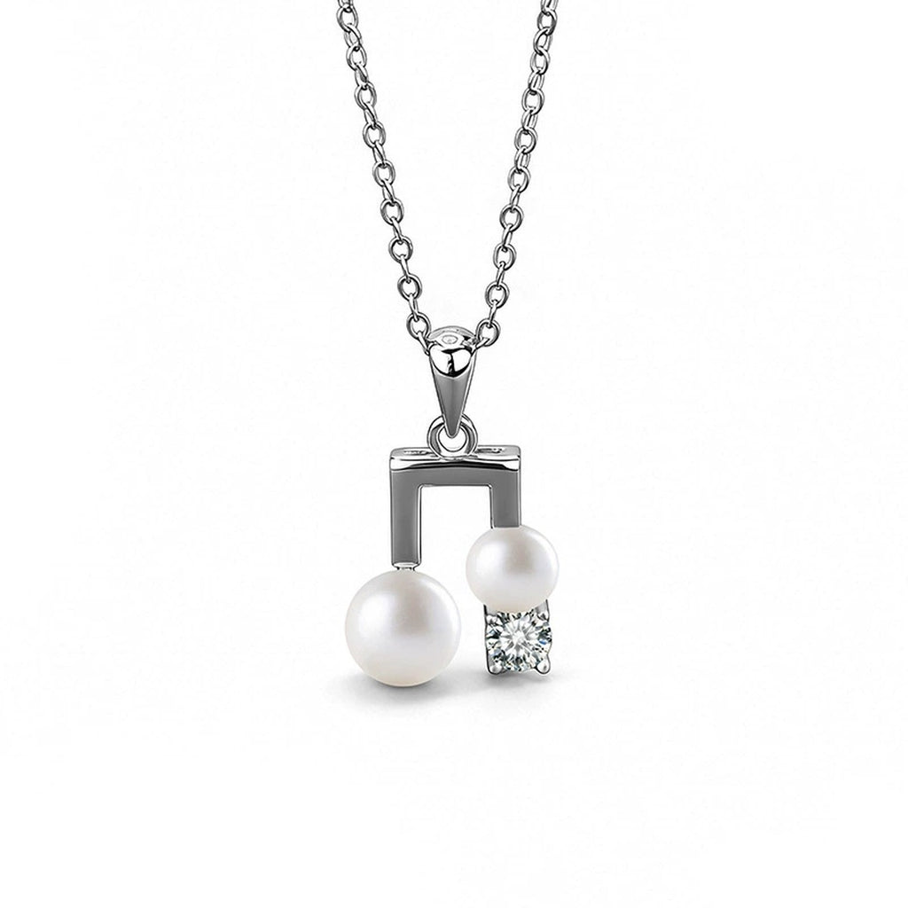 Musical Note Pearl Round Moissanite Necklace in White Gold-Plated S925 sterling silver white background front product view showing musical note pendant composed of two button pearls and a round moissanite
