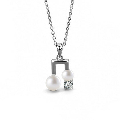 Musical Note Pearl Round Moissanite Necklace in White Gold-Plated S925 sterling silver white background front product view showing musical note pendant composed of two button pearls and a round moissanite