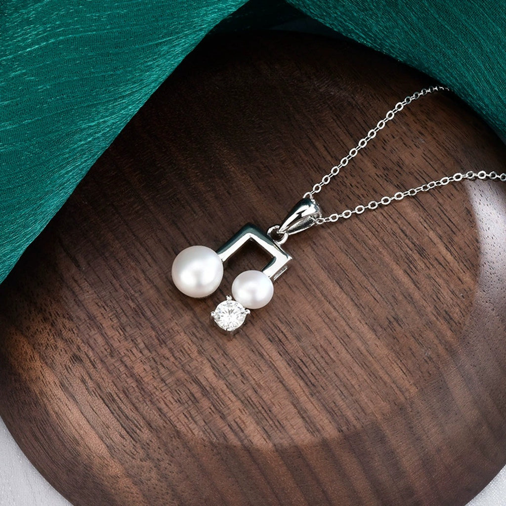 Musical Note Pearl Round Moissanite Necklace in White Gold-Plated S925 sterling silver display scene showing chain and stone layout
