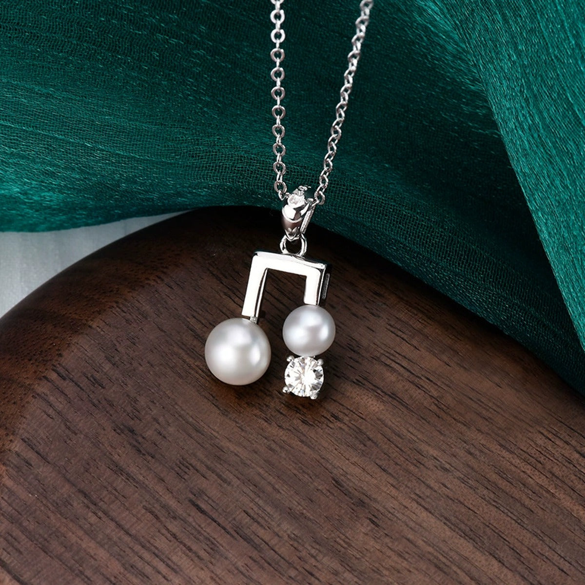 Musical Note Pearl Round Moissanite Necklace in White Gold-Plated S925 sterling silver additional product styling view