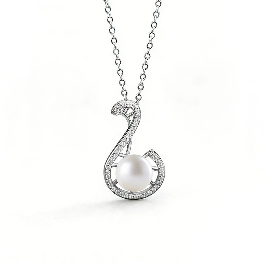 Treble Clef Pearl Round Moissanite Necklace in White Gold-Plated S925 sterling silver white background front product view showing treble clef pendant traced in round moissanite around a button pearl