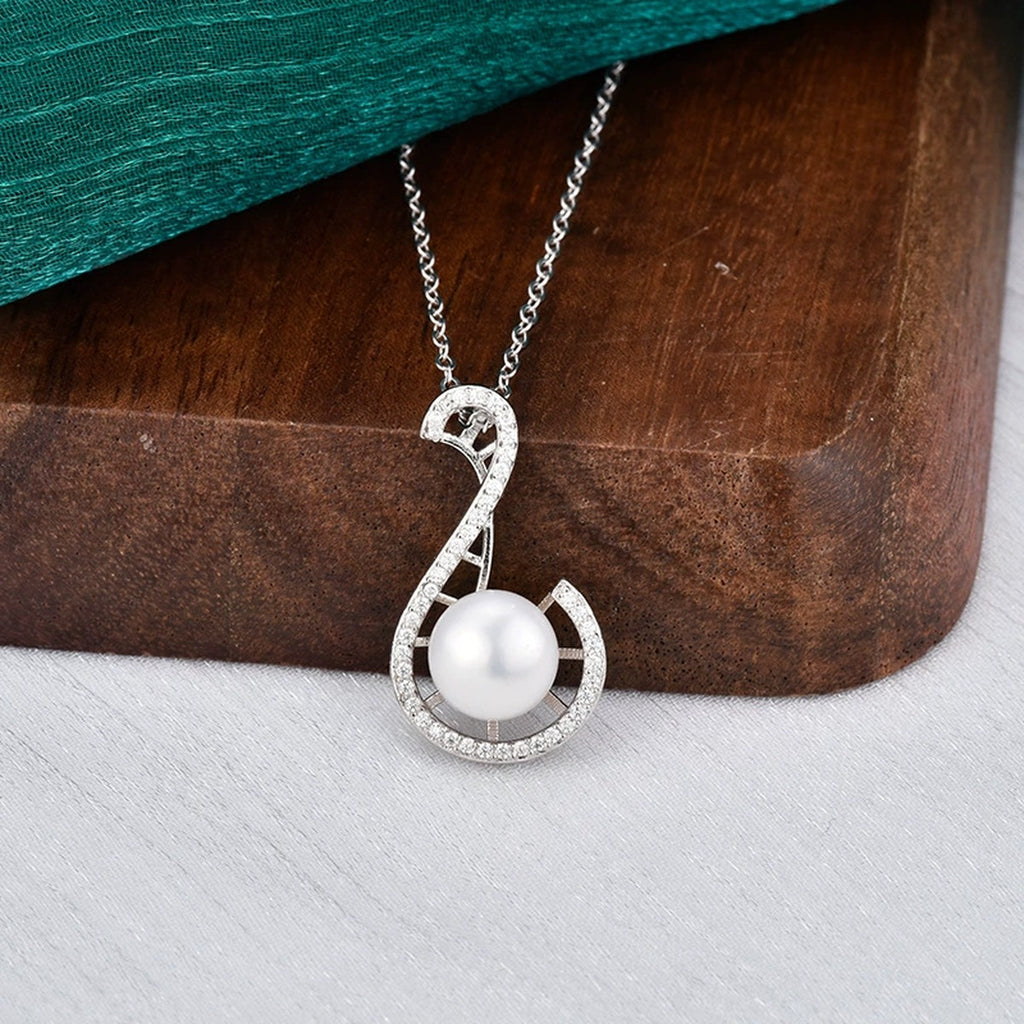 Treble Clef Pearl Round Moissanite Necklace in White Gold-Plated S925 sterling silver angled product detail view