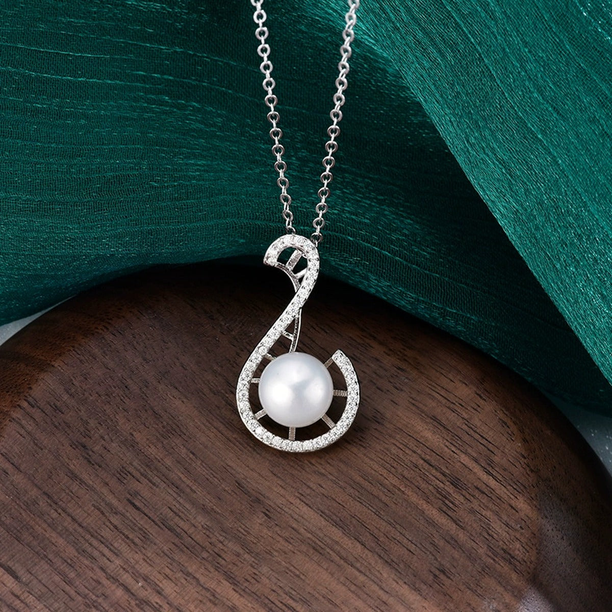 Treble Clef Pearl Round Moissanite Necklace in White Gold-Plated S925 sterling silver additional product styling view