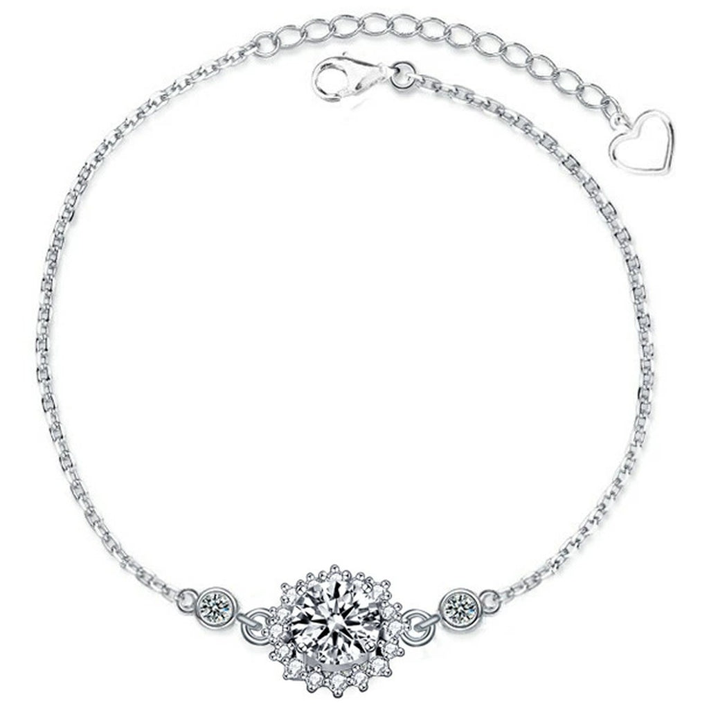 Sunflower Halo Round Moissanite Adjustable Bracelet with CZ in White Gold-Plated S925 Sterling Silver on a white background showing the complete bracelet silhouette, center motif, and setting