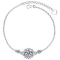 Sunflower Halo Round Moissanite Adjustable Bracelet with CZ in White Gold-Plated S925 Sterling Silver on a white background showing the complete bracelet silhouette, center motif, and setting
