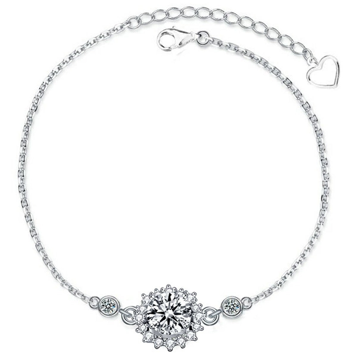 Sunflower Halo Round Moissanite Adjustable Bracelet with CZ in White Gold-Plated S925 Sterling Silver on a white background showing the complete bracelet silhouette, center motif, and setting