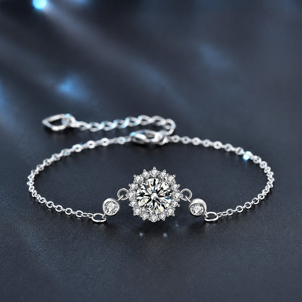 Sunflower Halo Round Moissanite Adjustable Bracelet with CZ in White Gold-Plated S925 Sterling Silver product detail view showing the moissanite setting, chain, and polished finish