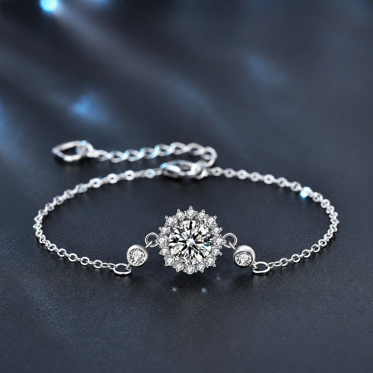 Sunflower Halo Round Moissanite Adjustable Bracelet with CZ in White Gold-Plated S925 Sterling Silver product detail view showing the moissanite setting, chain, and polished finish