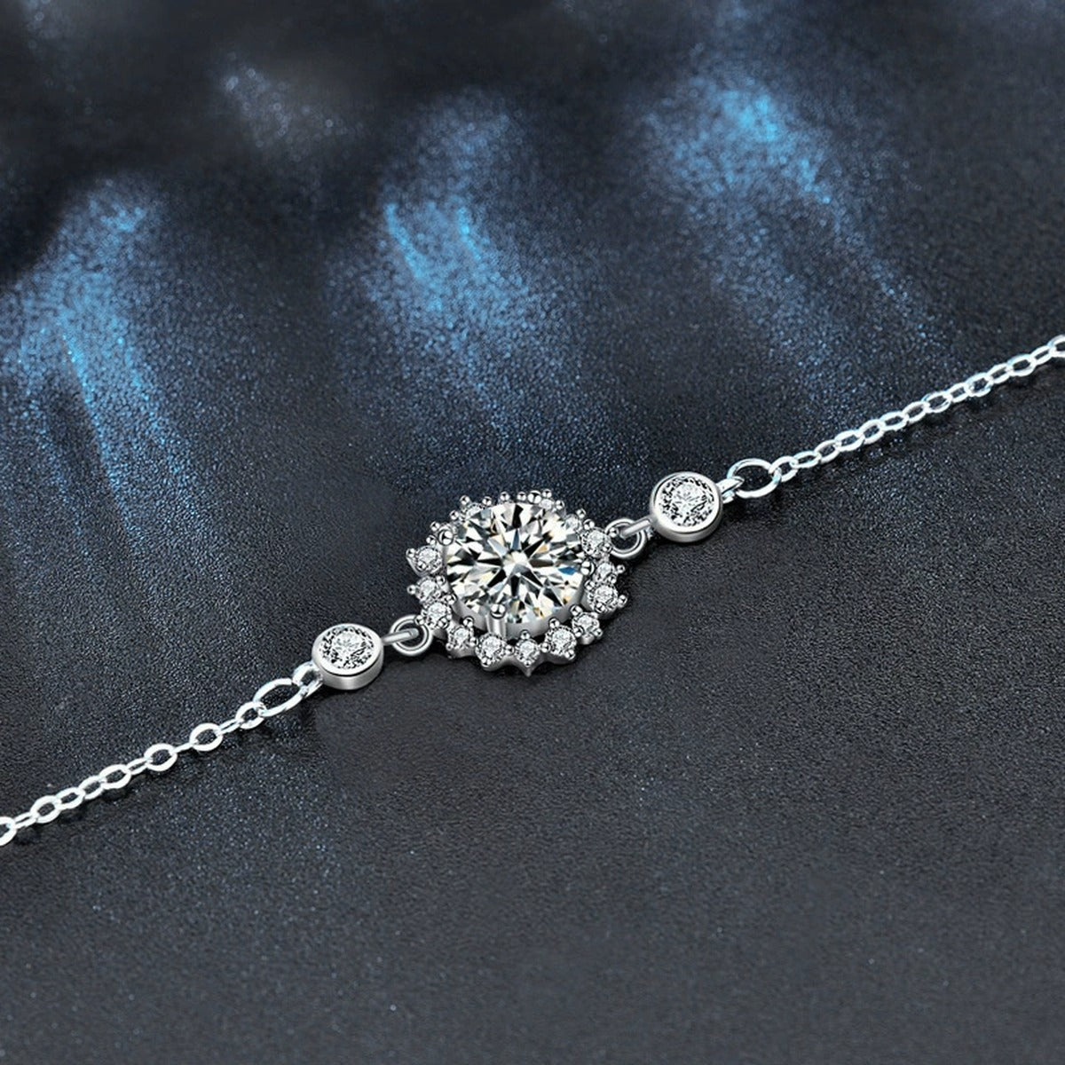 Sunflower Halo Round Moissanite Adjustable Bracelet with CZ in White Gold-Plated S925 Sterling Silver product detail view showing the moissanite setting, chain, and polished finish