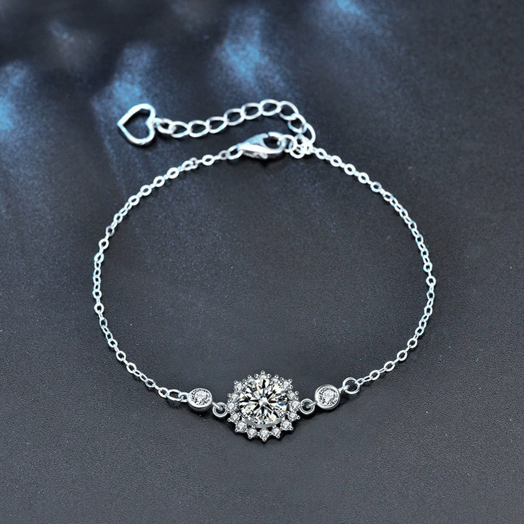 Sunflower Halo Round Moissanite Adjustable Bracelet with CZ in White Gold-Plated S925 Sterling Silver product detail view showing the moissanite setting, chain, and polished finish
