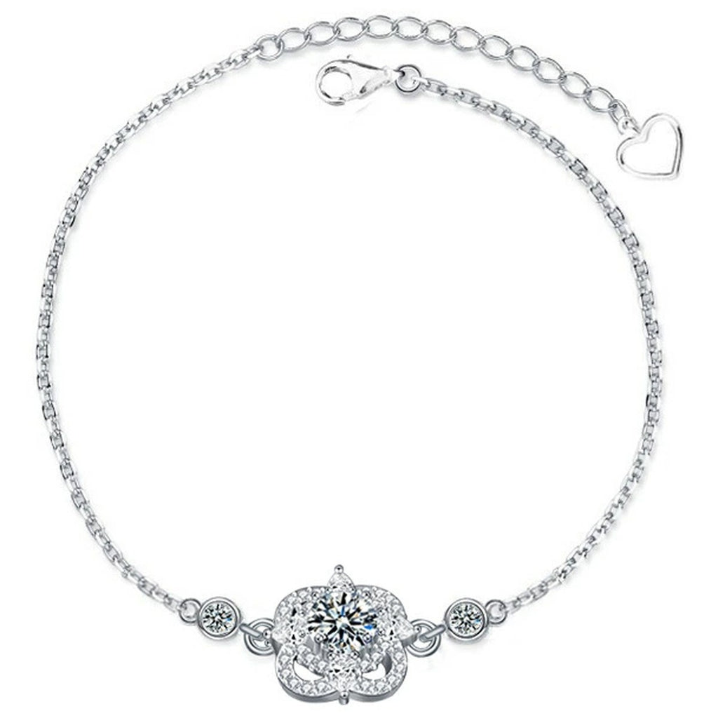 Four-Leaf Clover Round Moissanite Adjustable Bracelet with CZ in White Gold-Plated S925 Sterling Silver on a white background showing the complete bracelet silhouette, center motif, and setting