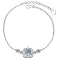 Four-Leaf Clover Round Moissanite Adjustable Bracelet with CZ in White Gold-Plated S925 Sterling Silver on a white background showing the complete bracelet silhouette, center motif, and setting
