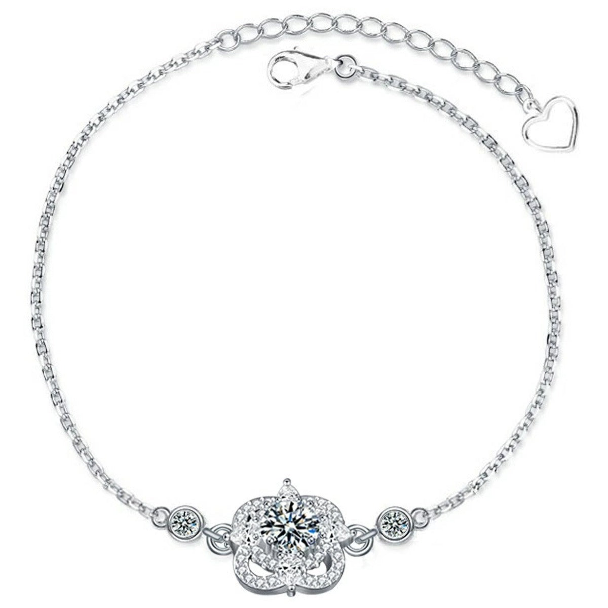 Four-Leaf Clover Round Moissanite Adjustable Bracelet with CZ in White Gold-Plated S925 Sterling Silver on a white background showing the complete bracelet silhouette, center motif, and setting