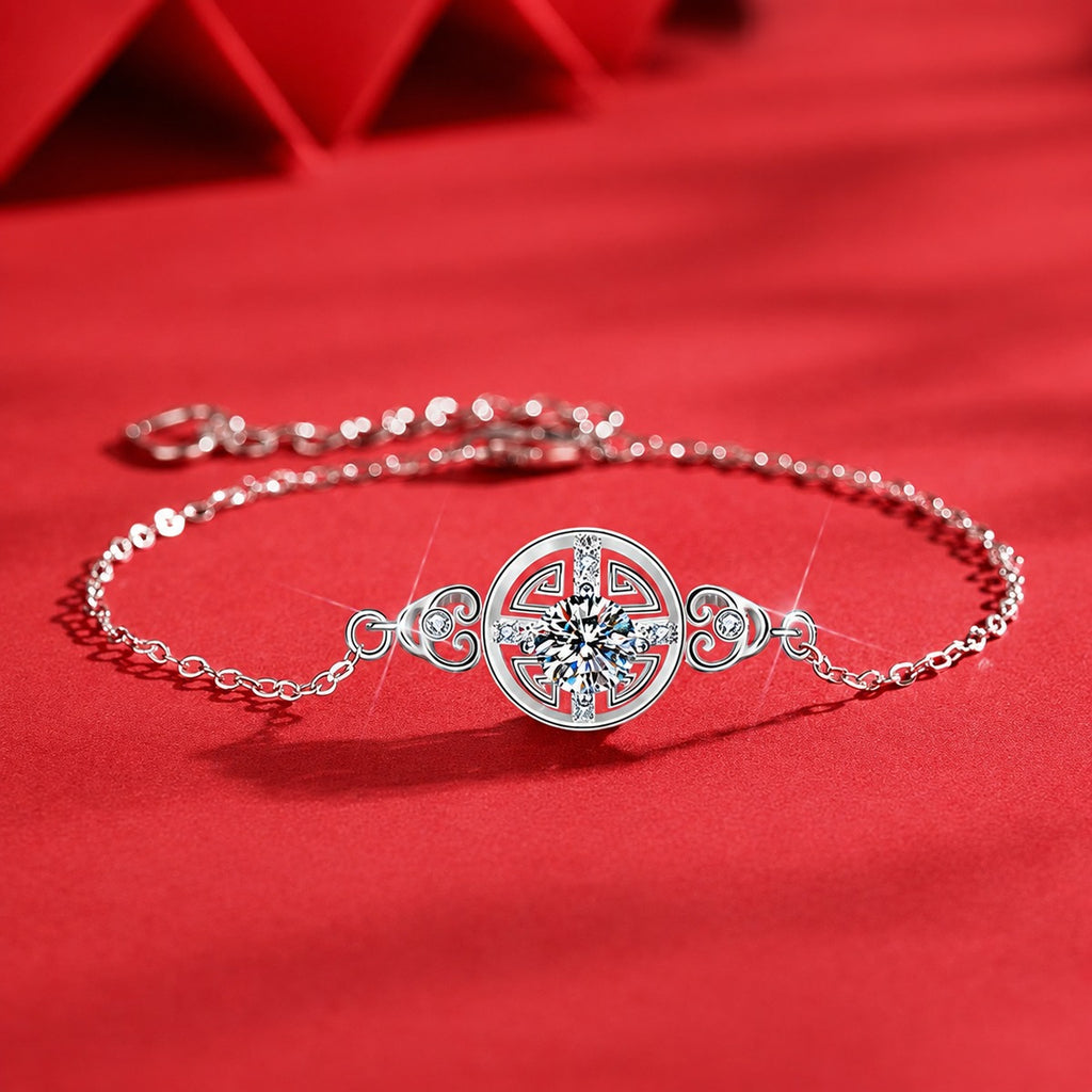 Ancient Coin Round Moissanite Adjustable Bracelet with CZ in White Gold-Plated S925 Sterling Silver product detail view showing the moissanite setting, chain, and polished finish