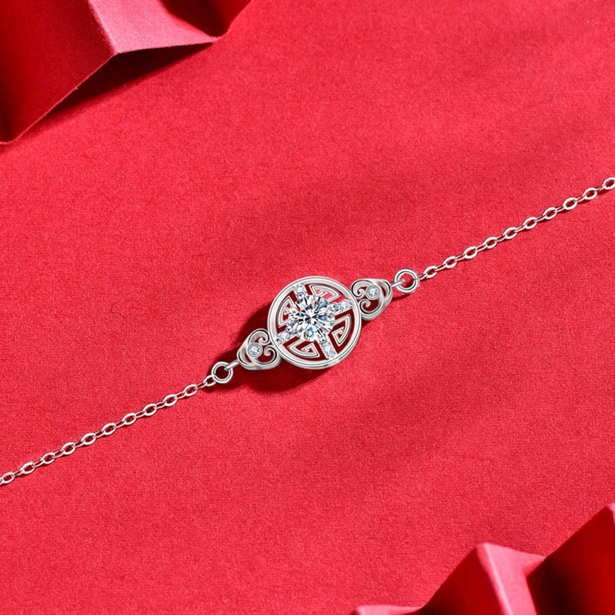 Ancient Coin Round Moissanite Adjustable Bracelet with CZ in White Gold-Plated S925 Sterling Silver product detail view showing the moissanite setting, chain, and polished finish