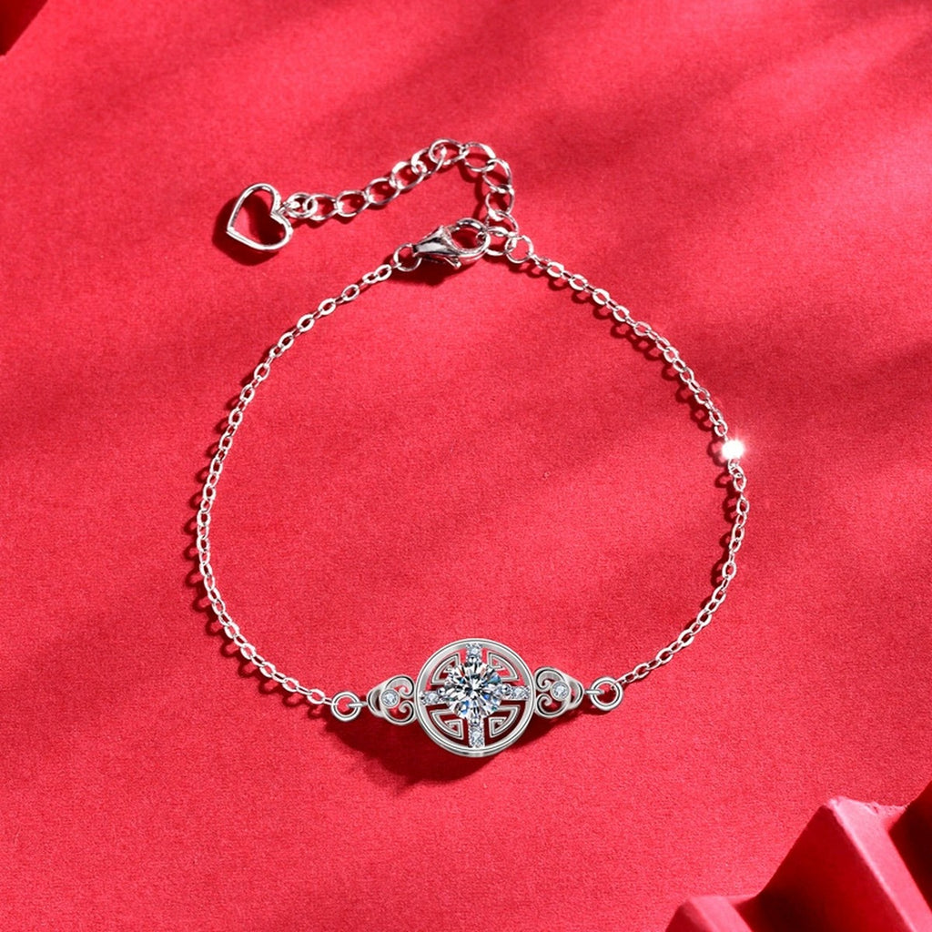 Ancient Coin Round Moissanite Adjustable Bracelet with CZ in White Gold-Plated S925 Sterling Silver product detail view showing the moissanite setting, chain, and polished finish