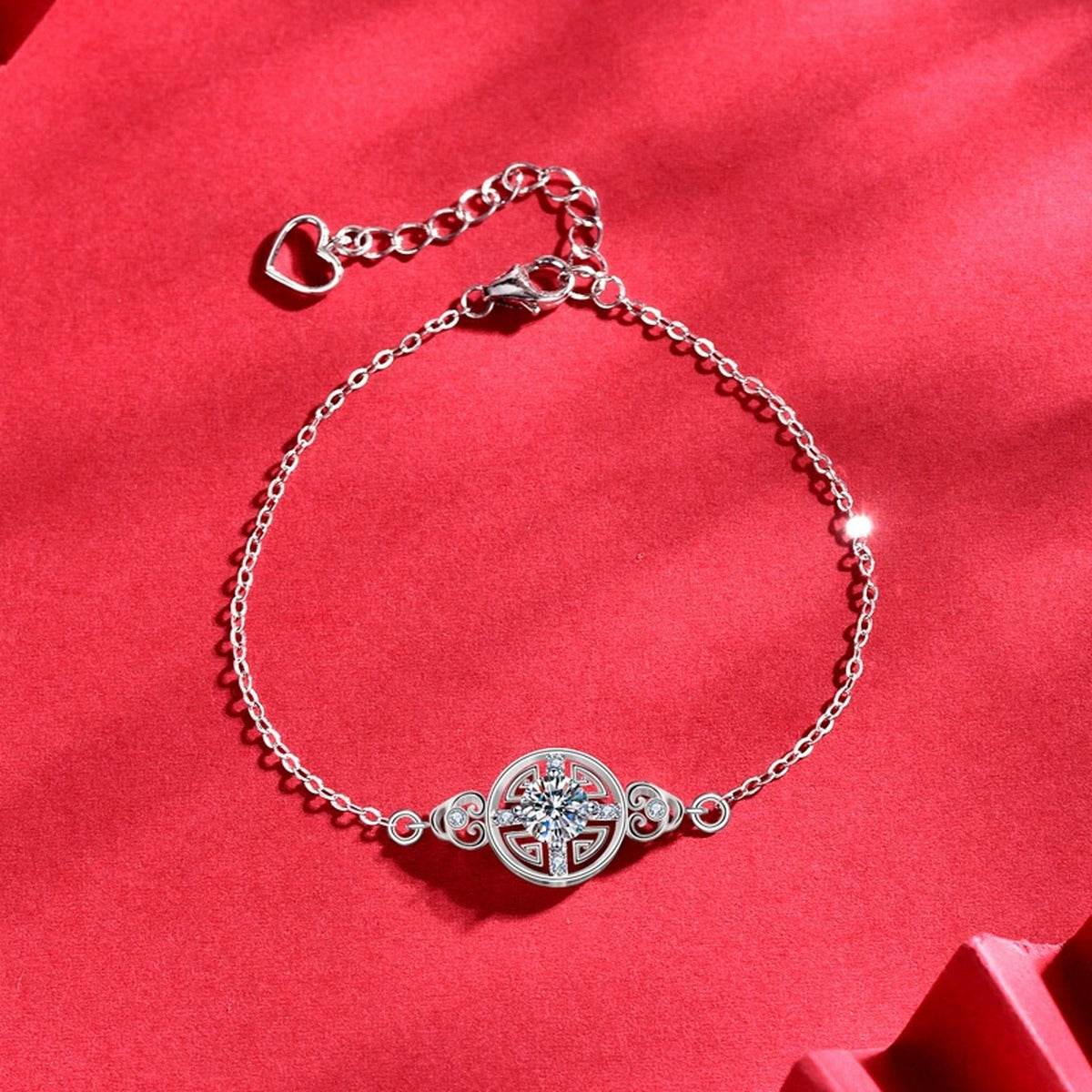 Ancient Coin Round Moissanite Adjustable Bracelet with CZ in White Gold-Plated S925 Sterling Silver product detail view showing the moissanite setting, chain, and polished finish
