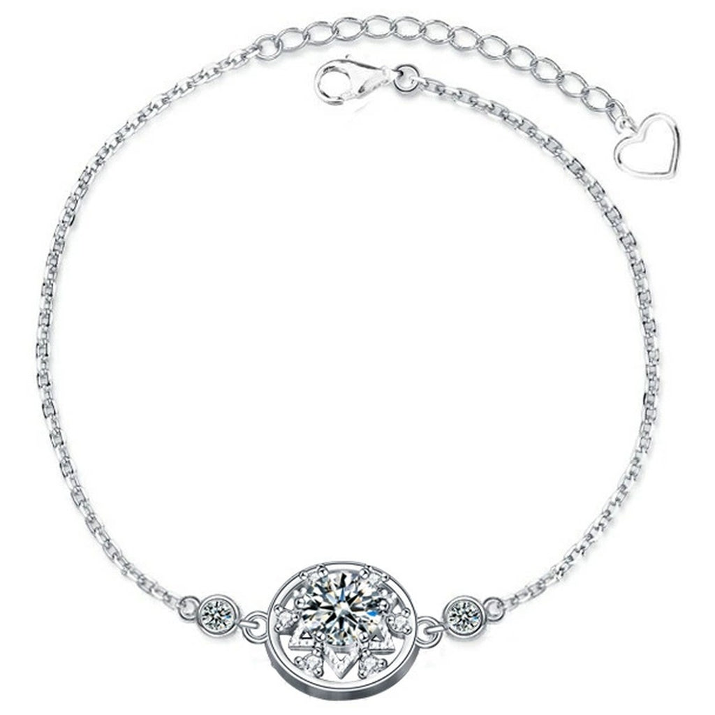 Six-Point Star Round Moissanite Adjustable Bracelet with CZ in White Gold-Plated S925 Sterling Silver on a white background showing the complete bracelet silhouette, center motif, and setting