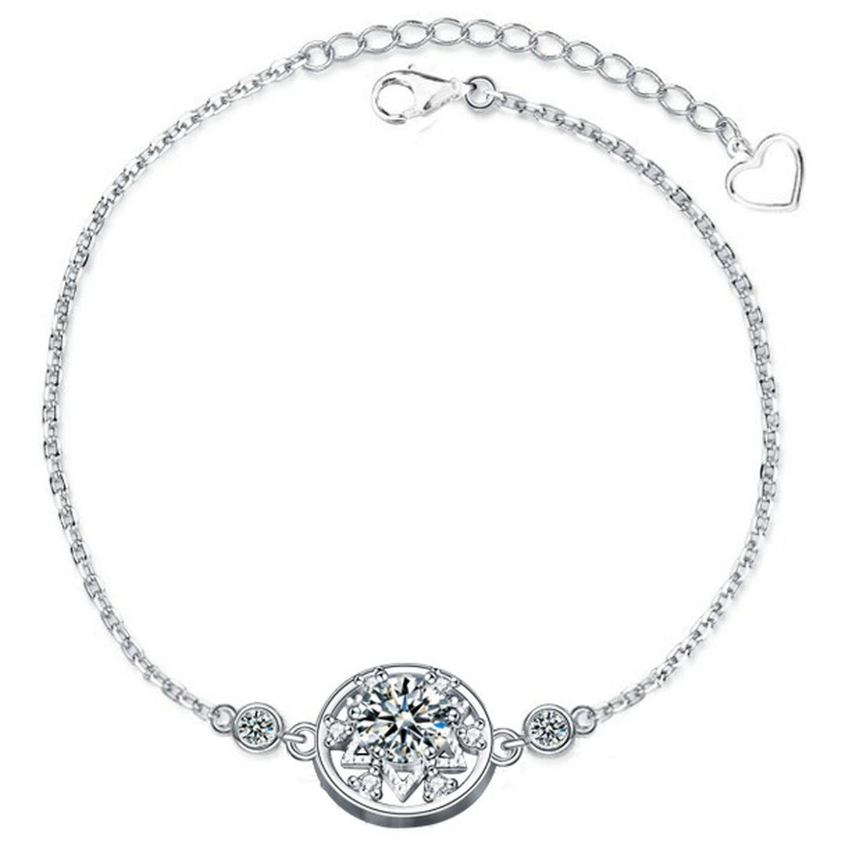 Six-Point Star Round Moissanite Adjustable Bracelet with CZ in White Gold-Plated S925 Sterling Silver on a white background showing the complete bracelet silhouette, center motif, and setting