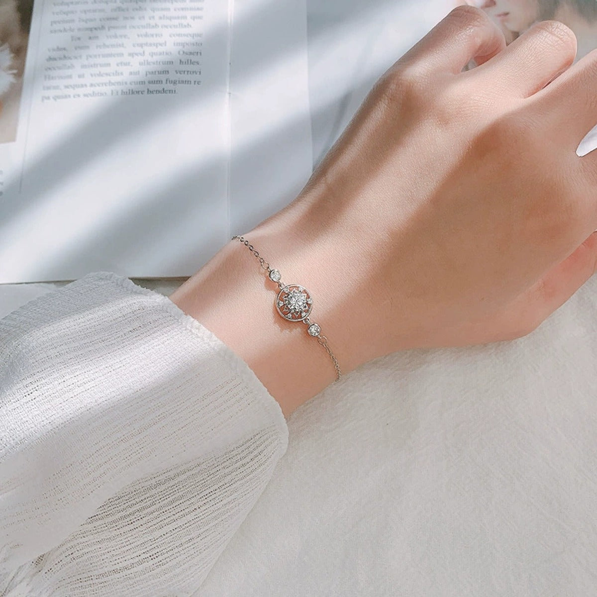 Six-Point Star Round Moissanite Adjustable Bracelet with CZ in White Gold-Plated S925 Sterling Silver worn on the wrist showing bracelet scale, fit, and styling