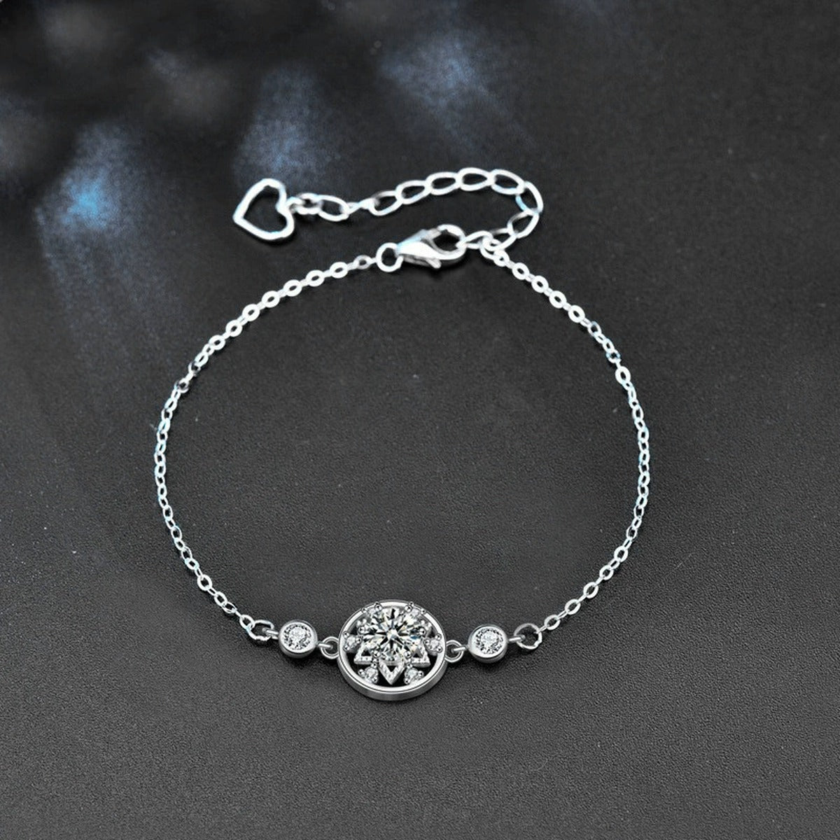 Six-Point Star Round Moissanite Adjustable Bracelet with CZ in White Gold-Plated S925 Sterling Silver product detail view showing the moissanite setting, chain, and polished finish