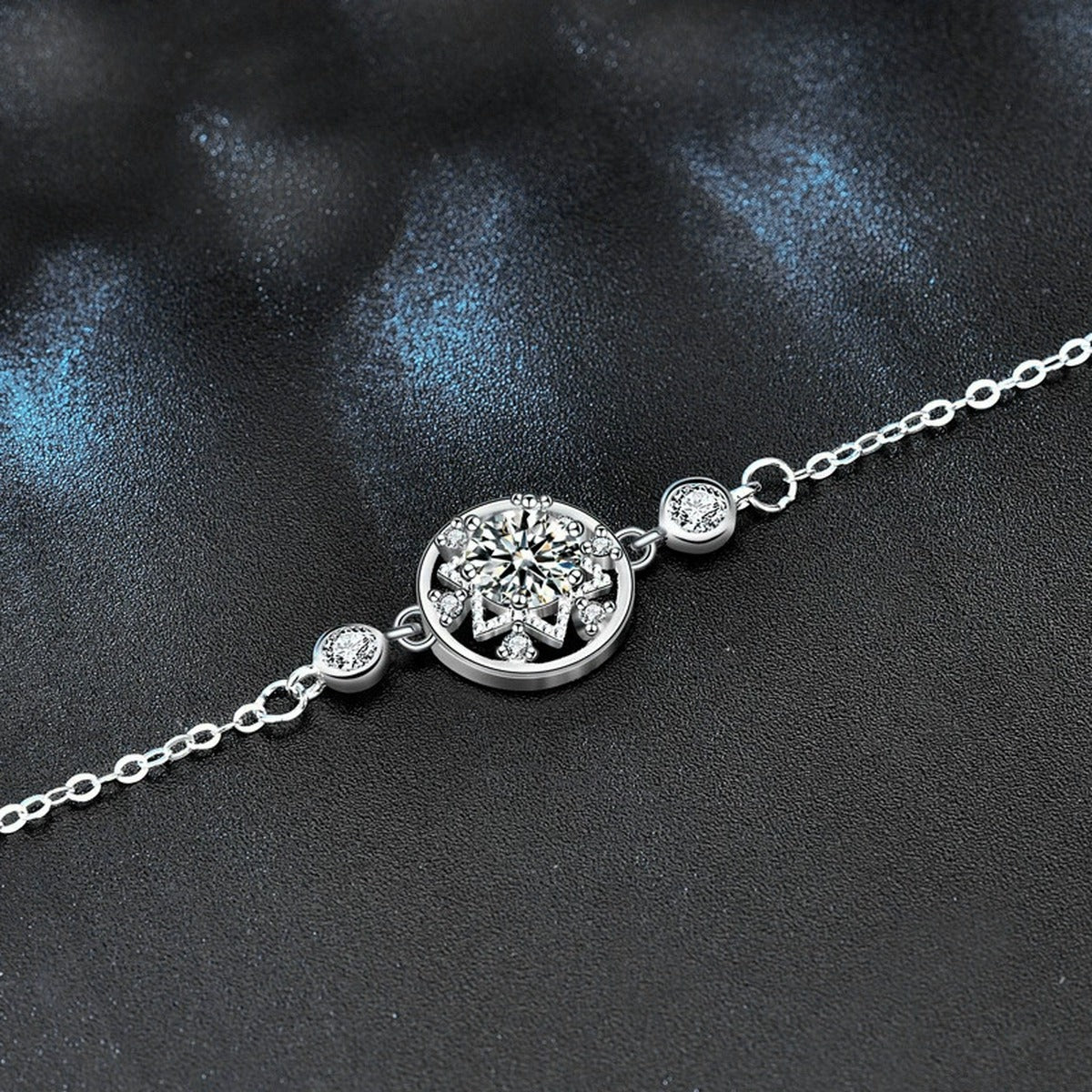 Six-Point Star Round Moissanite Adjustable Bracelet with CZ in White Gold-Plated S925 Sterling Silver product detail view showing the moissanite setting, chain, and polished finish