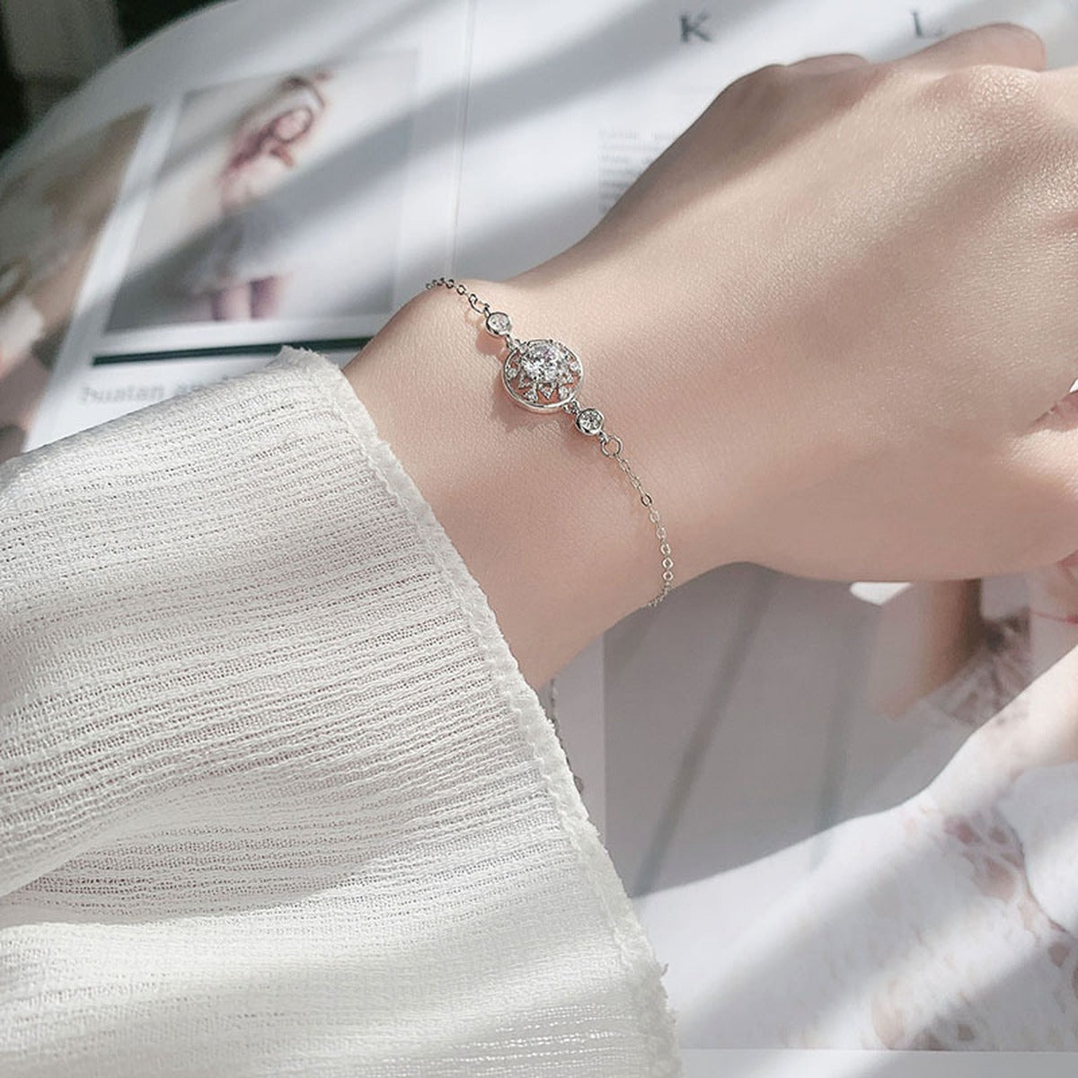 Six-Point Star Round Moissanite Adjustable Bracelet with CZ in White Gold-Plated S925 Sterling Silver worn on the wrist showing bracelet scale, fit, and styling