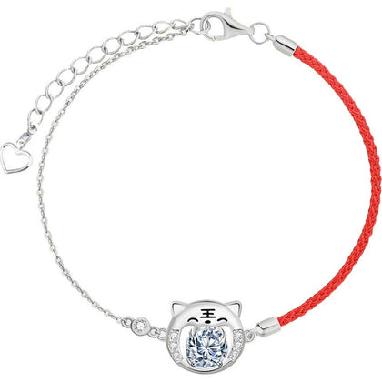 Tiger Round Moissanite Cord Adjustable Bracelet with CZ in White Gold-Plated S925 Sterling Silver on a white background showing the complete bracelet silhouette, center motif, and setting