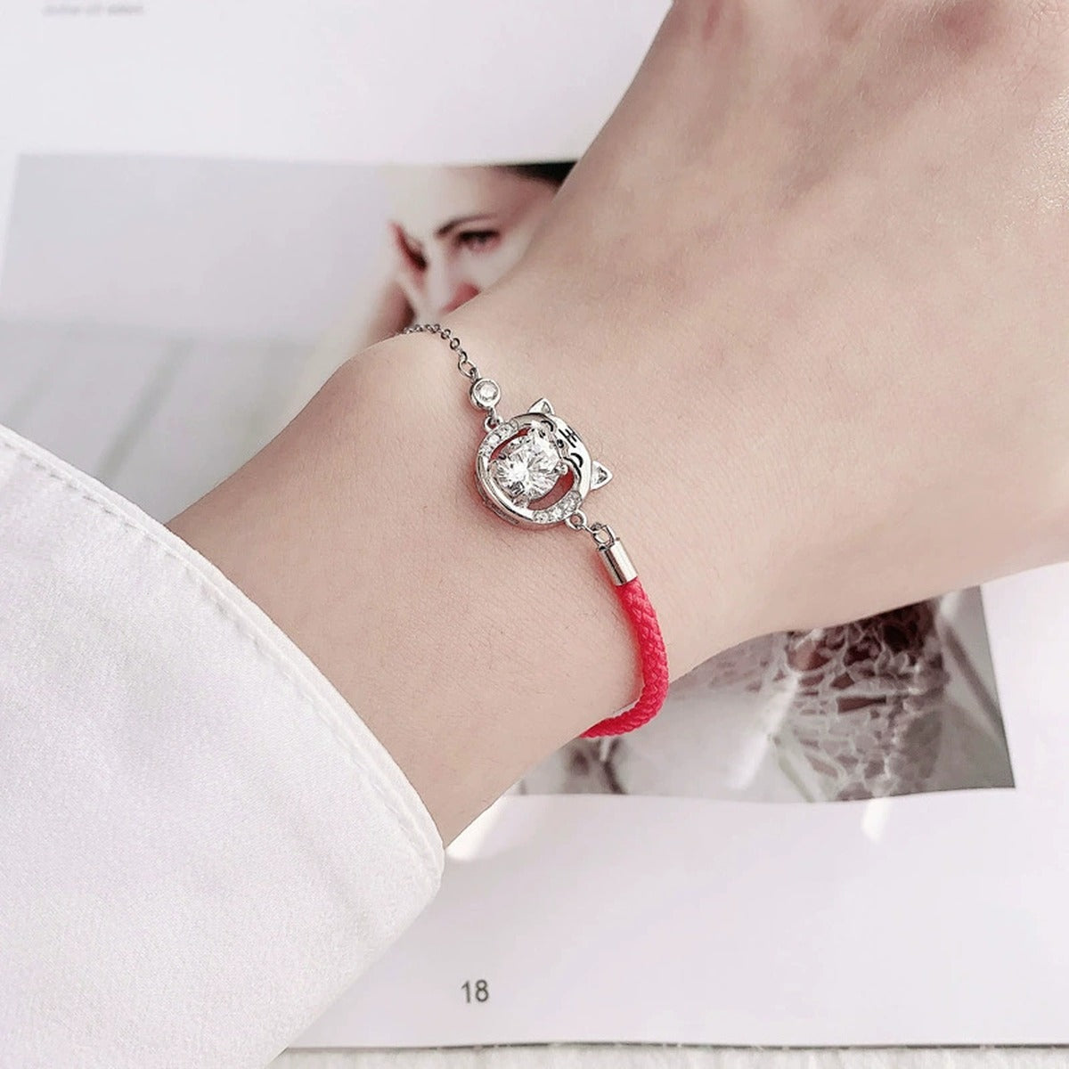 Tiger Round Moissanite Cord Adjustable Bracelet with CZ in White Gold-Plated S925 Sterling Silver worn on the wrist showing bracelet scale, fit, and styling