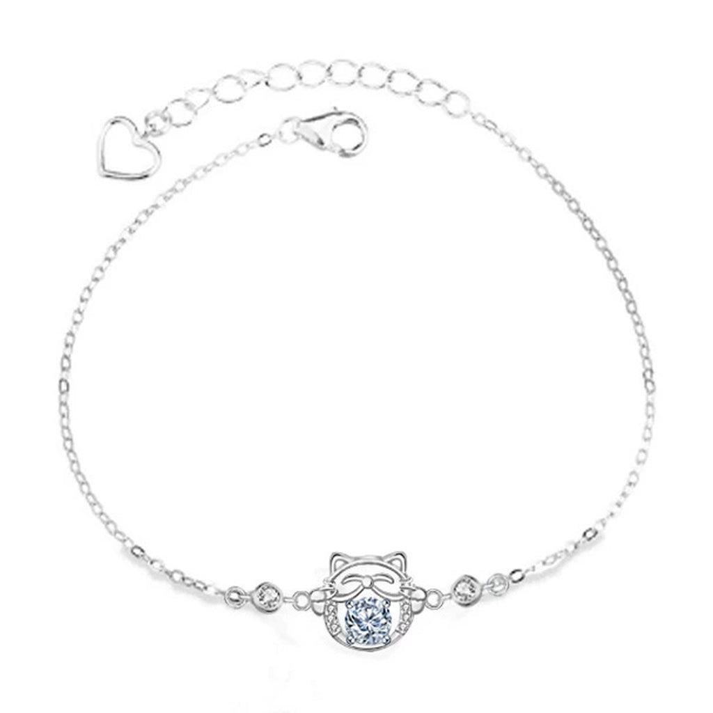 Cat Round Moissanite Adjustable Bracelet with CZ in White Gold-Plated S925 Sterling Silver on a white background showing the complete bracelet silhouette, center motif, and setting