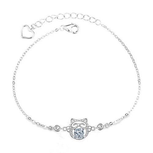 Cat Round Moissanite Adjustable Bracelet with CZ in White Gold-Plated S925 Sterling Silver on a white background showing the complete bracelet silhouette, center motif, and setting