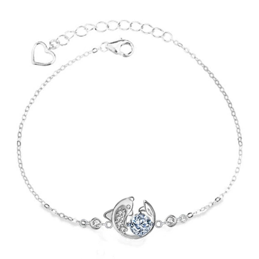 Fish Round Moissanite Adjustable Bracelet with CZ in White Gold-Plated S925 Sterling Silver on a white background showing the complete bracelet silhouette, center motif, and setting