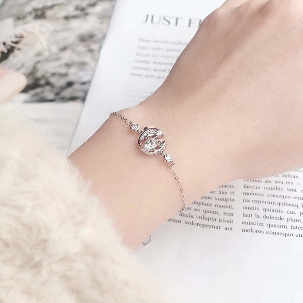 Fish Round Moissanite Adjustable Bracelet with CZ in White Gold-Plated S925 Sterling Silver worn on the wrist showing bracelet scale, fit, and styling