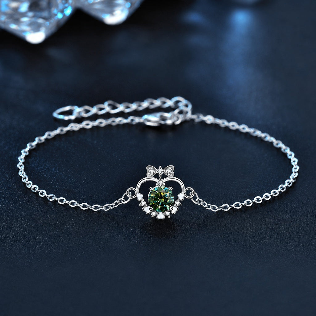 Heart Bowknot Green Moissanite Adjustable Bracelet with CZ in Gold-Plated S925 Sterling Silver product detail view showing the moissanite setting, chain, and polished finish